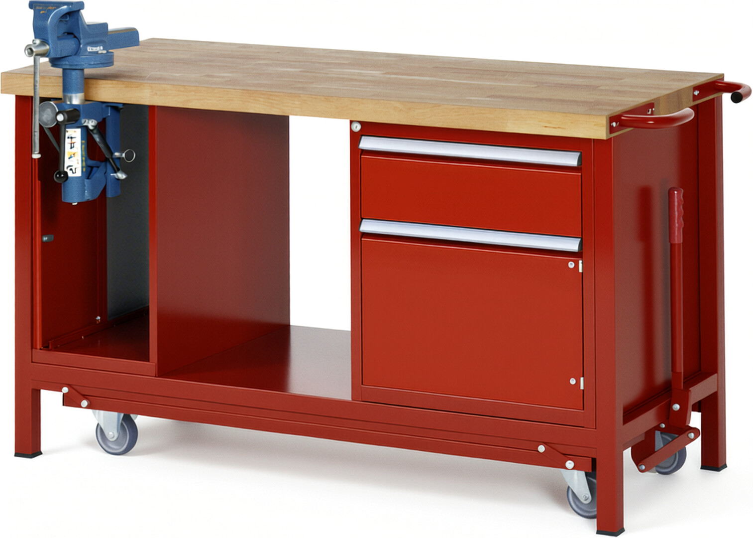 Absenkbare Werkbank Modell 8181 rot, BxTxH 1500x700x880 mm,  Buche-Massiv Arbeitsplatte 40 mm,  1 Schublade mit  Vollauszug 100 % und  SoftClosing