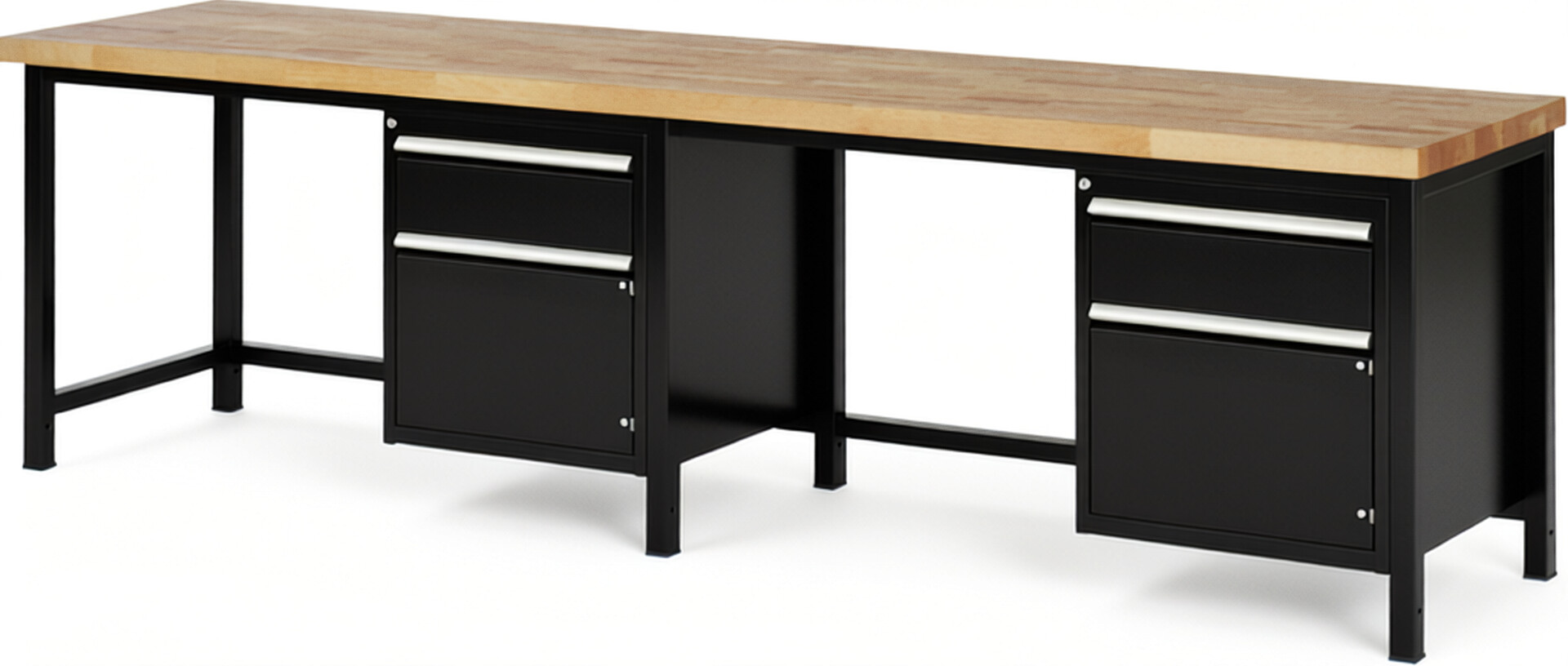 Werkbank Modell 8152 schwarz, BxTxH 3000x700x840 mm,  Buche-Massiv Arbeitsplatte 40 mm,  2 Schubladen mit  Vollauszug 100 % und  SoftClosing