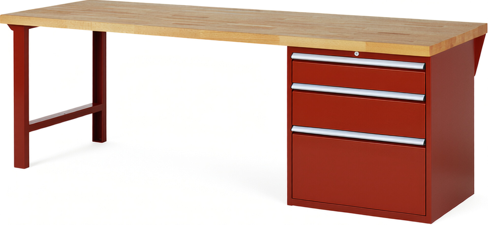 Werkbank Modell 7608 rot, BxTxH 2500x900x840 mm,  Buche-Massiv Arbeitsplatte 40 mm,  3 Schubladen mit  Auszug 90 %