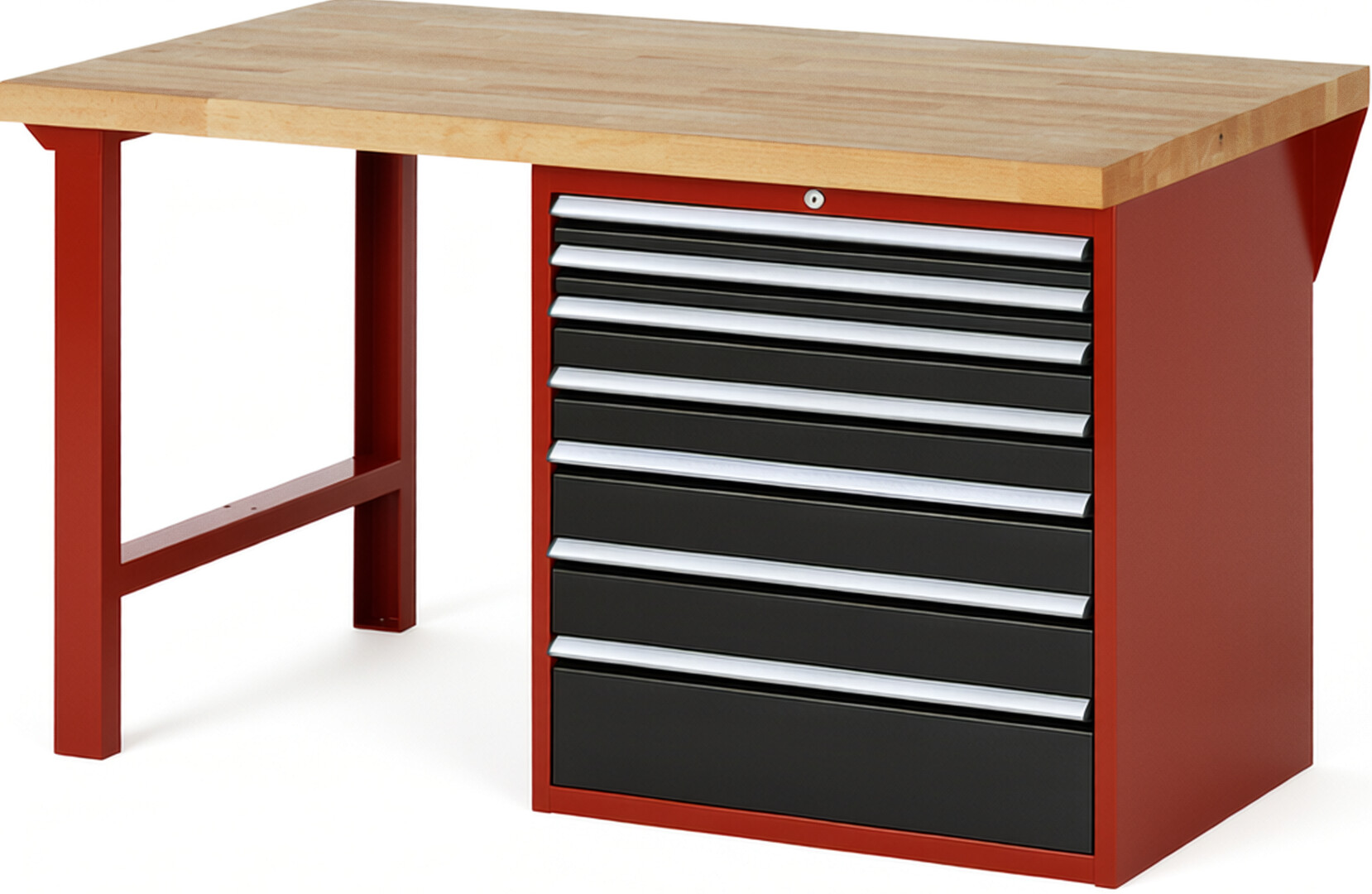 Werkbank Modell 7617 rot - schwarz, BxTxH 1500x900x890 mm,  Buche-Massiv Arbeitsplatte 40 mm,  7 Schubladen mit  Auszug 90 %