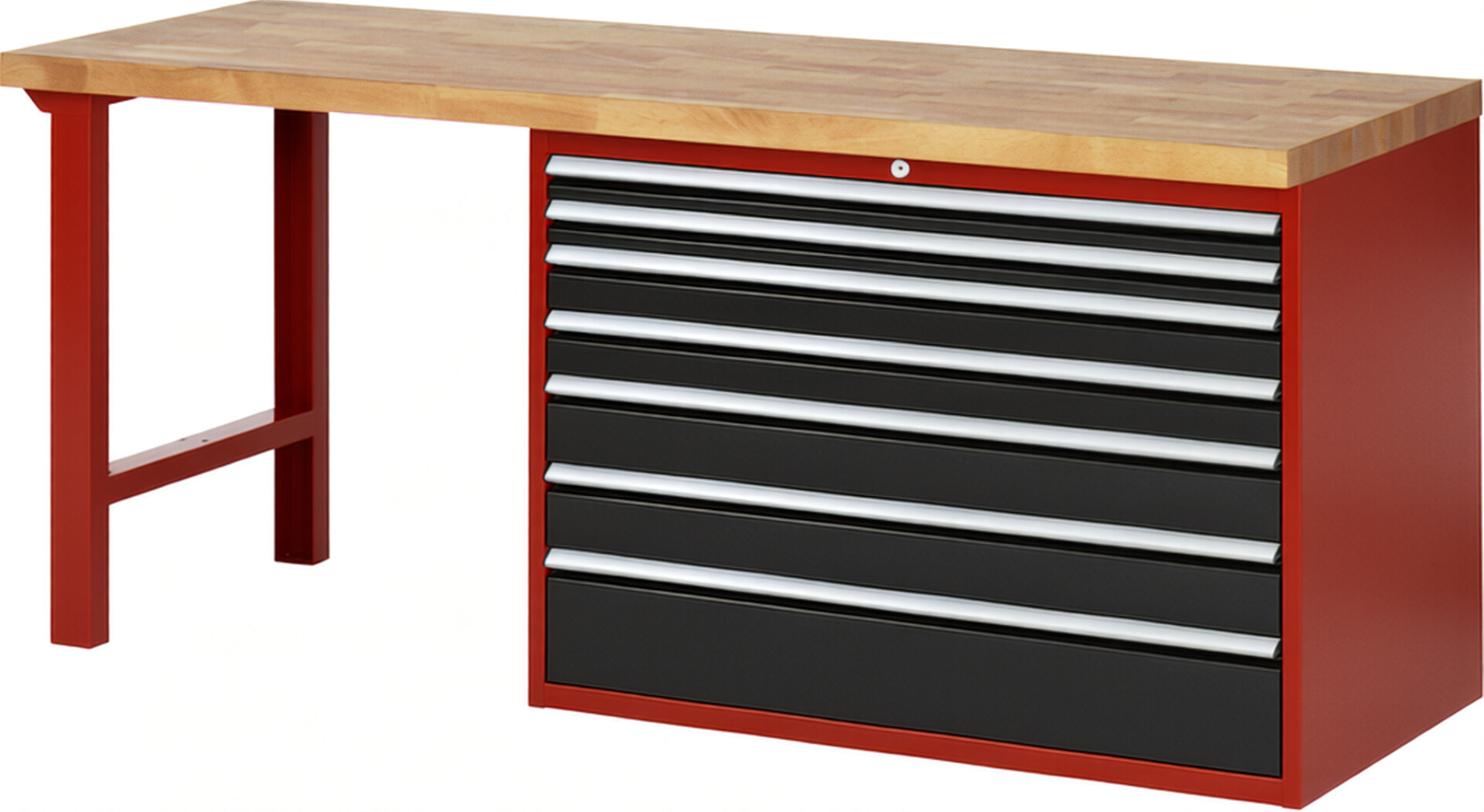 Werkbank Modell 7717 rot - schwarz, BxTxH 2000x700x890 mm,  Buche-Massiv Arbeitsplatte 40 mm,  7 Schubladen mit  Auszug 90 %