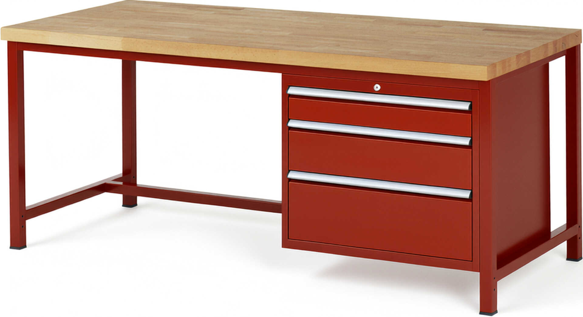 Werkbank Modell 8259 rot, BxTxH 2000x900x840 mm,  Buche-Massiv Arbeitsplatte 40 mm,  3 Schubladen mit  Auszug 90 %