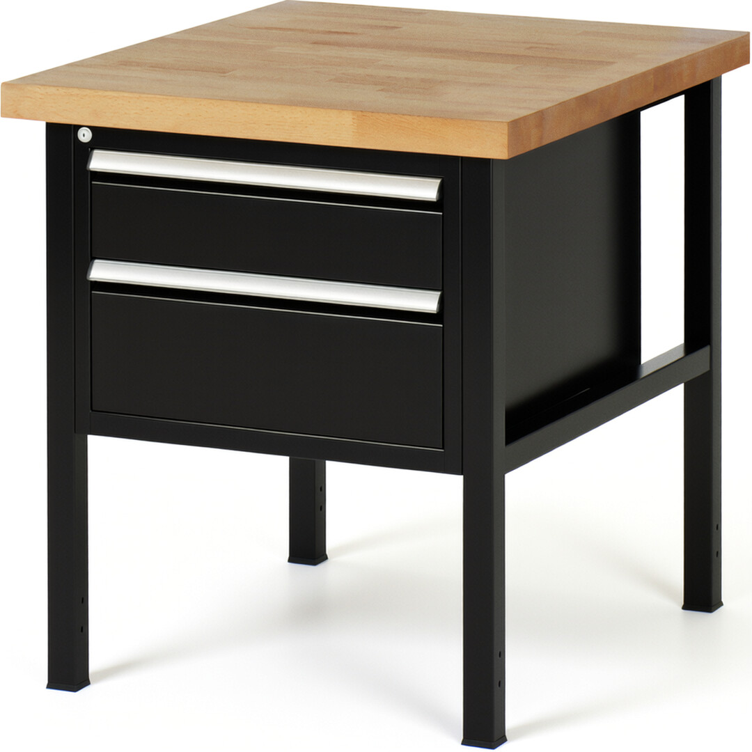 Werkbank Modell 8123 schwarz, BxTxH 750x900x840-1040 mm,  Buche-Massiv Arbeitsplatte 40 mm,  2 Schubladen mit  Auszug 90 %