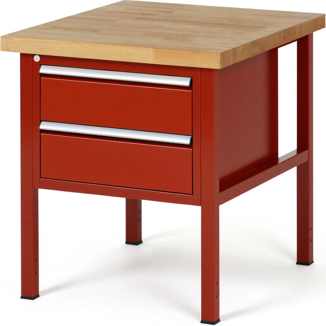 Werkbank Modell 8125 rot, BxTxH 750x900x840 mm,  Buche-Massiv Arbeitsplatte 40 mm,  2 Schubladen mit  Vollauszug 100 % und  SoftClosing