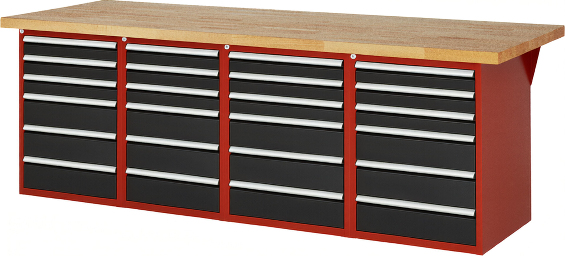 Werkbank Modell 7515 rot - schwarz, BxTxH 2500x900x890 mm,  Buche-Massiv Arbeitsplatte 40 mm,  24 Schubladen mit  Auszug 90 %