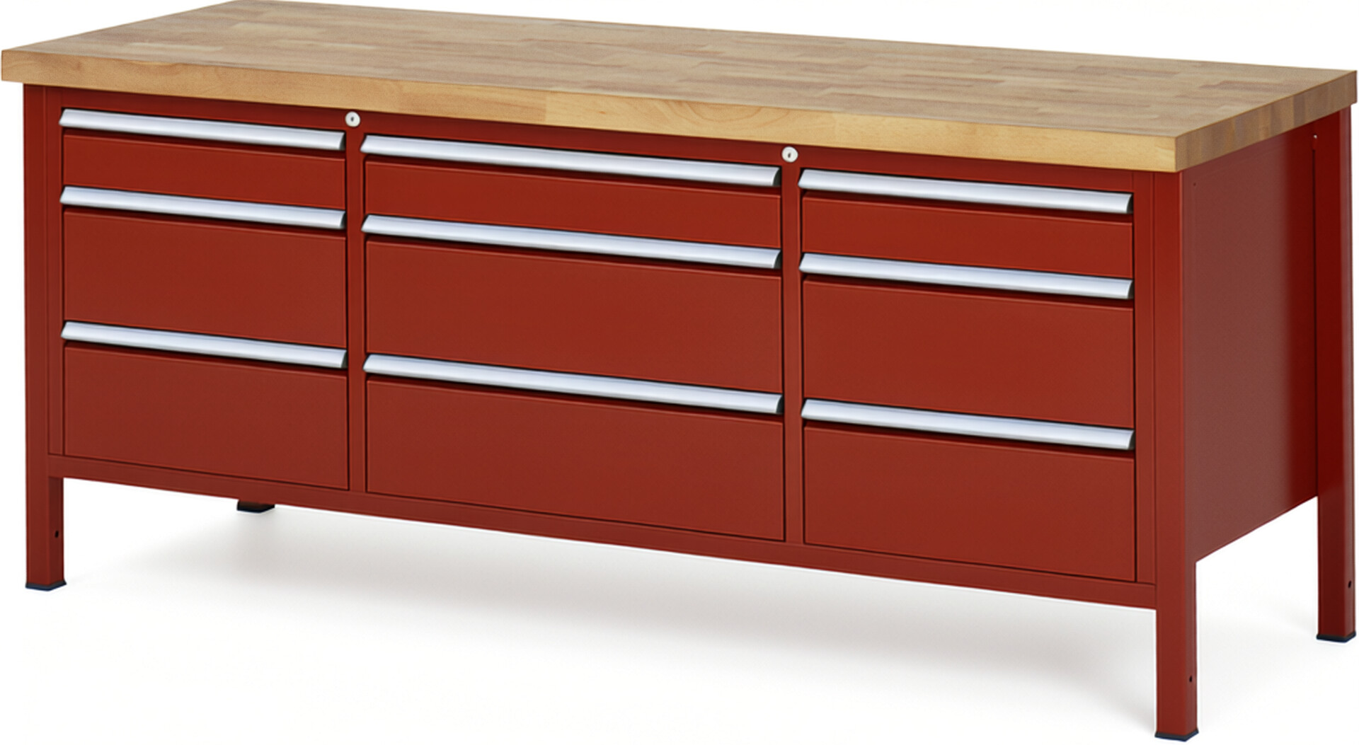 Werkbank Modell 8753 rot, BxTxH 2000x700x840-1040 mm,  Buche-Massiv Arbeitsplatte 40 mm,  9 Schubladen mit  Auszug 90 %