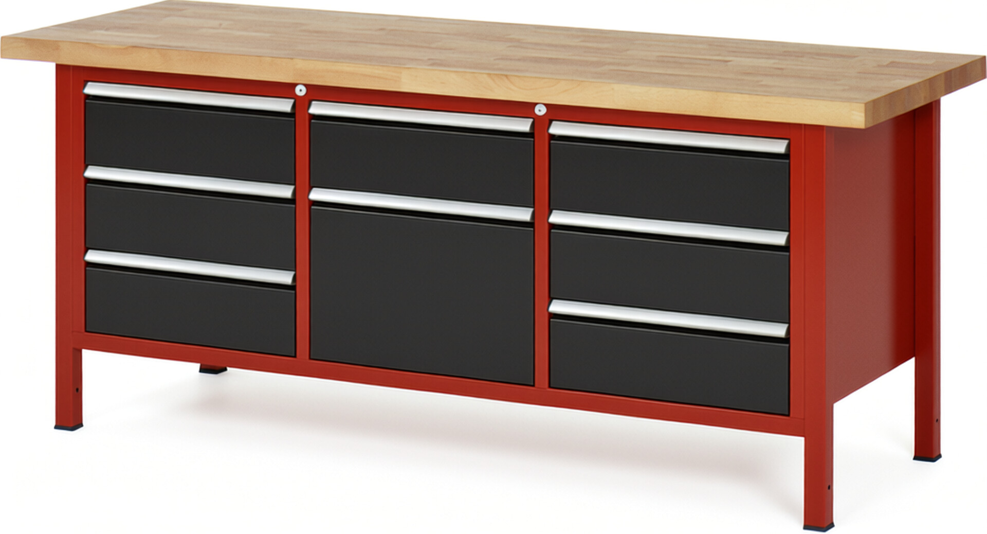 Werkbank Modell 8571 rot - schwarz, BxTxH 2000x700x840 mm,  Buche-Massiv Arbeitsplatte 40 mm,  8 Schubladen mit  Auszug 90 %