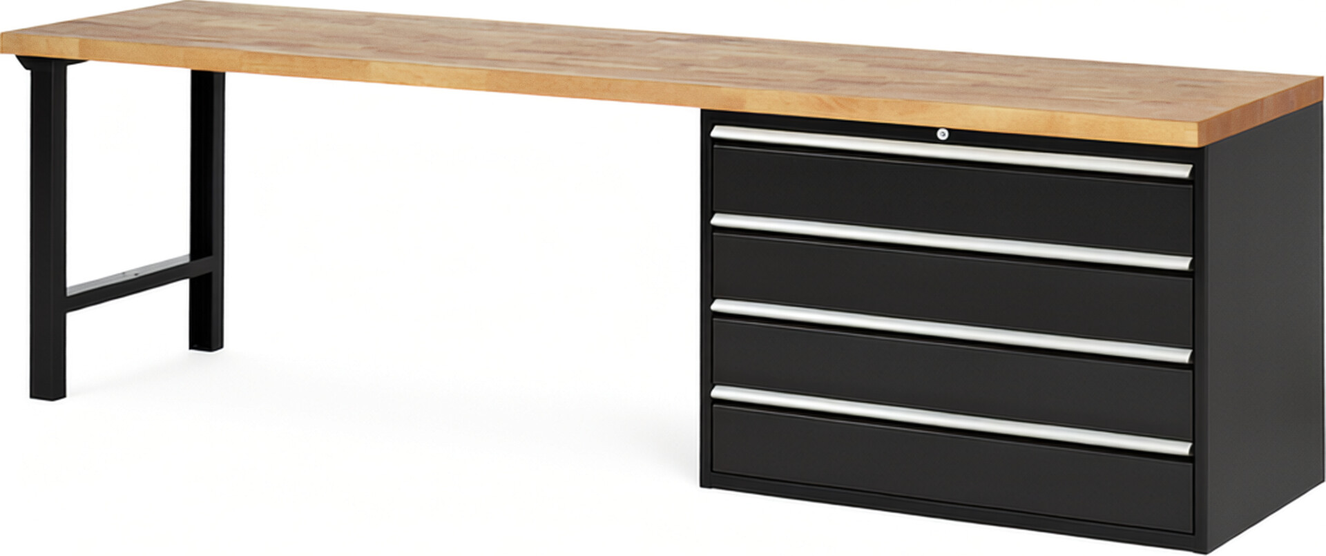 Werkbank Modell 7709 schwarz, BxTxH 3000x700x890 mm,  Buche-Massiv Arbeitsplatte 40 mm,  4 Schubladen mit  Vollauszug 100 % und  SoftClosing