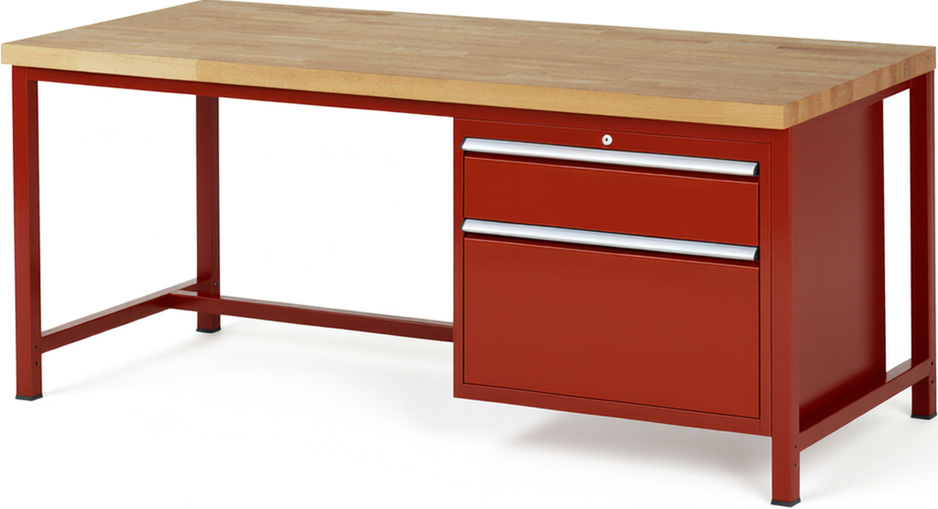 Werkbank Modell 8256 rot, BxTxH 2000x900x840 mm,  Buche-Massiv Arbeitsplatte 40 mm,  2 Schubladen mit  Vollauszug 100 % und  SoftClosing
