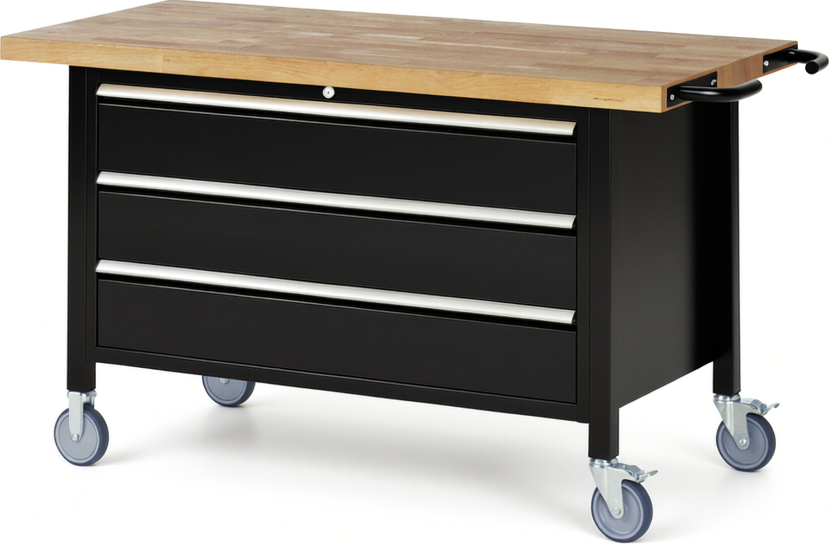 Fahrbare Werkbank Modell 8357 schwarz, BxTxH 1500x700x880-1080 mm,  Buche-Massiv Arbeitsplatte 40 mm,  3 Schubladen mit  Auszug 90 %