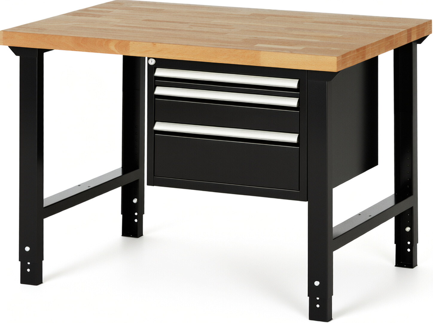 Werkbank Modell 7126 schwarz, BxTxH 1250x900x790-1140 mm,  Buche-Massiv Arbeitsplatte 40 mm,  3 Schubladen mit  Auszug 90 %