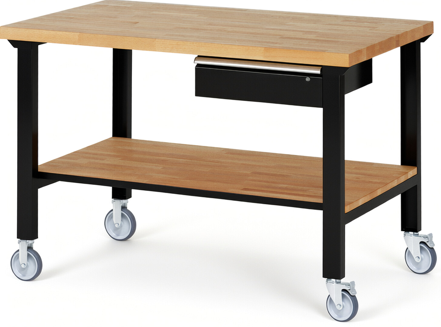 Fahrbare Werkbank Modell 7001 schwarz, BxTxH 1500x900x1000 mm,  Buche-Massiv Arbeitsplatte 40 mm,  1 Schublade mit  Auszug 90 %