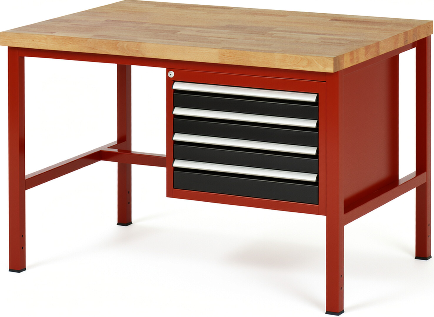 Werkbank Modell 8133 rot - schwarz, BxTxH 1250x900x840 mm,  Buche-Massiv Arbeitsplatte 40 mm,  4 Schubladen mit  Auszug 90 %