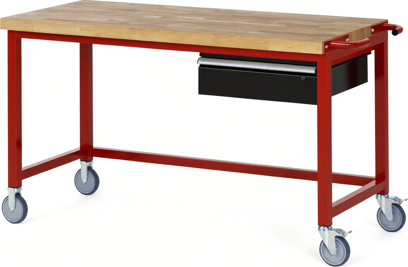 Fahrbare Werkbank Modell 8001 rot - schwarz, BxTxH 1500x700x880-1080 mm,  Buche-Massiv Arbeitsplatte 40 mm,  1 Schublade mit  Auszug 90 %