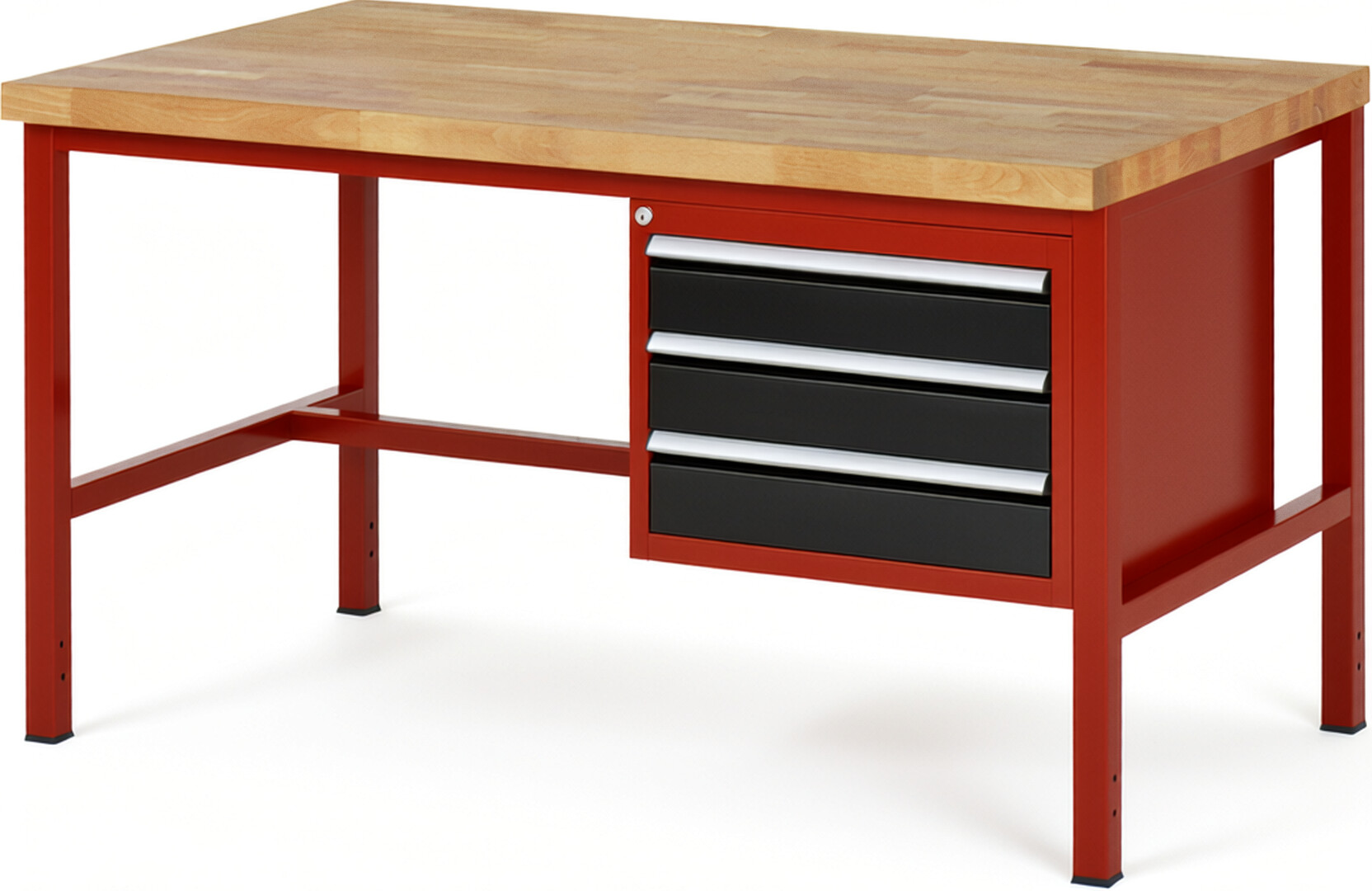 Werkbank Modell 8127 rot - schwarz, BxTxH 1500x900x840-1040 mm,  Buche-Massiv Arbeitsplatte 40 mm,  3 Schubladen mit  Auszug 90 %