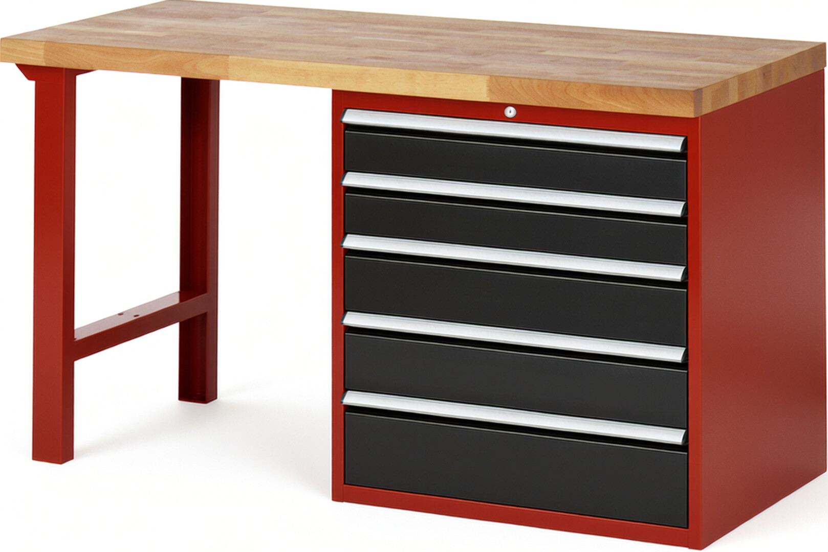 Werkbank Modell 7613 rot - schwarz, BxTxH 1500x700x890 mm,  Buche-Massiv Arbeitsplatte 40 mm,  5 Schubladen mit  Auszug 90 %