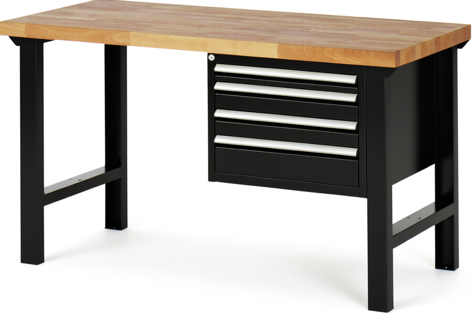 Werkbank Modell 7132 schwarz, BxTxH 1500x700x840 mm,  Buche-Massiv Arbeitsplatte 40 mm,  4 Schubladen mit  Auszug 90 %