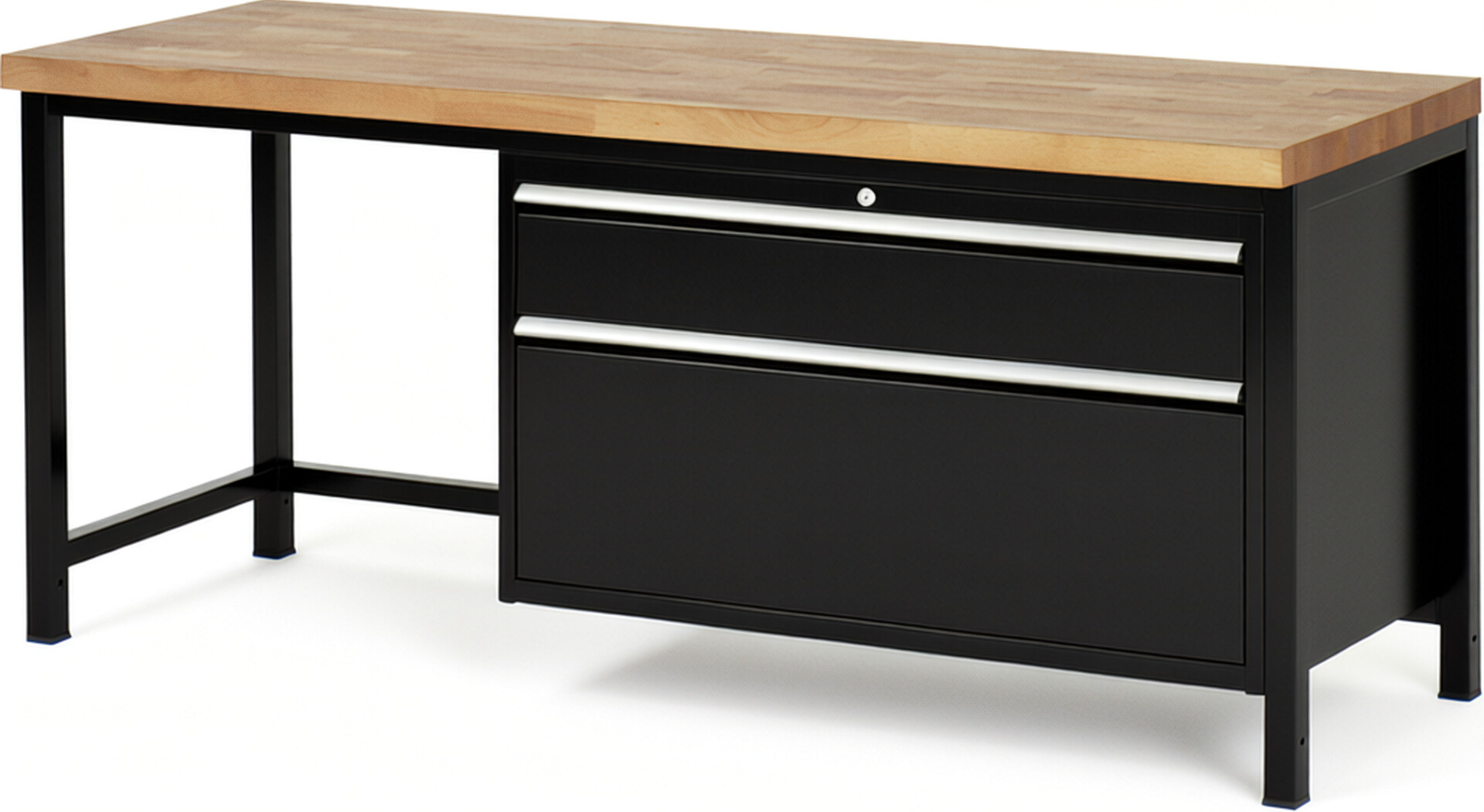 Werkbank Modell 8356 schwarz, BxTxH 2000x700x840 mm,  Buche-Massiv Arbeitsplatte 40 mm,  2 Schubladen mit  Auszug 90 %