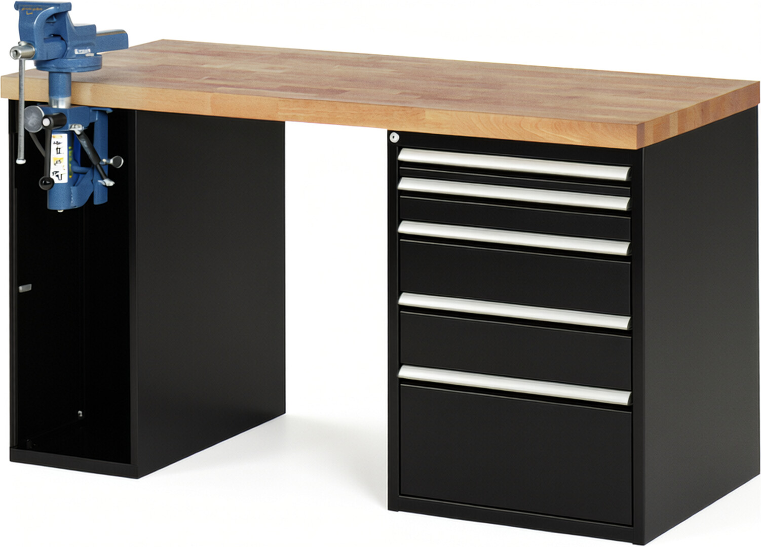 Werkbank Modell 7511 schwarz, BxTxH 1500x700x890 mm,  Buche-Massiv Arbeitsplatte 40 mm,  5 Schubladen mit  Auszug 90 %