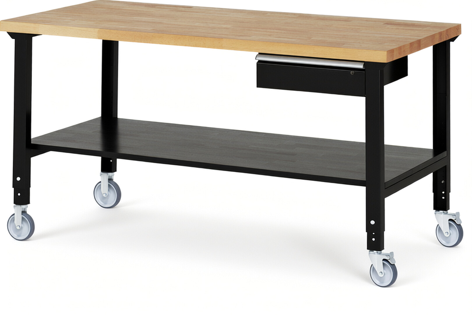 Fahrbare Werkbank Modell 7001 schwarz, BxTxH 2000x900x950-1000 mm,  Buche-Massiv Arbeitsplatte 40 mm,  1 Schublade mit  Auszug 90 %