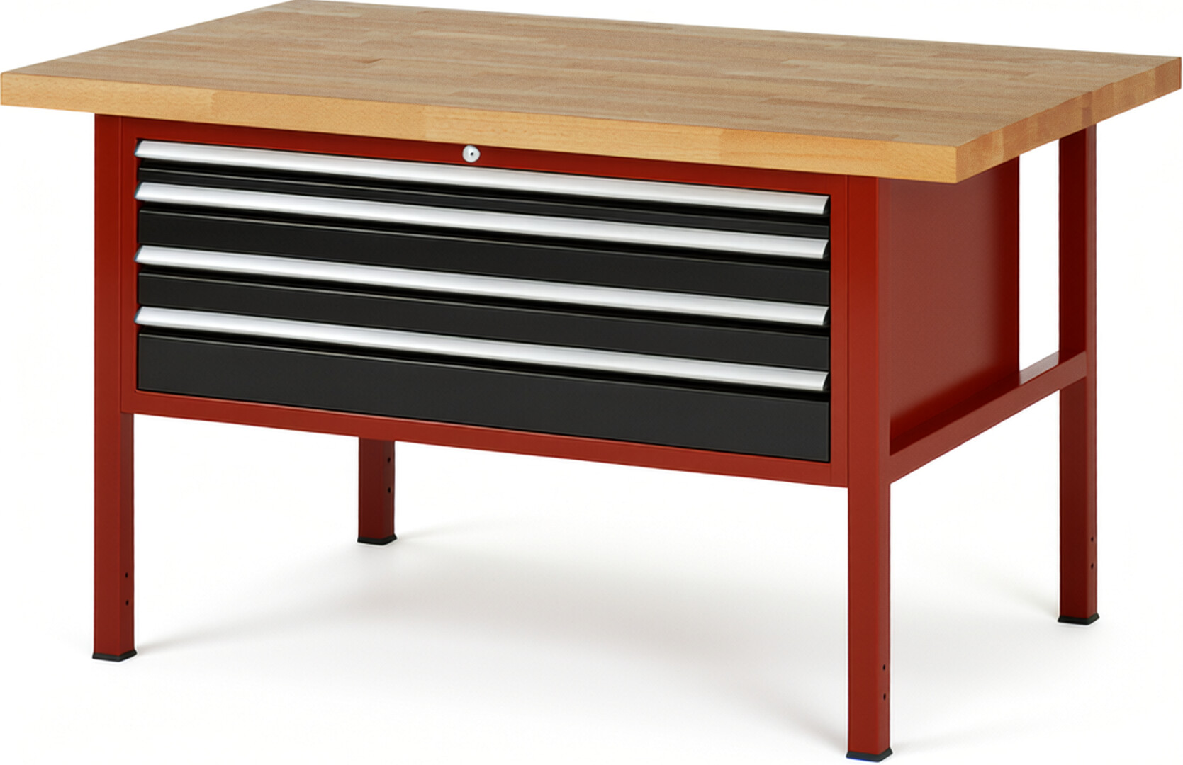 Werkbank Modell 8332 rot - schwarz, BxTxH 1500x900x840-1040 mm,  Buche-Massiv Arbeitsplatte 40 mm,  4 Schubladen mit  Vollauszug 100 % und  SoftClosing