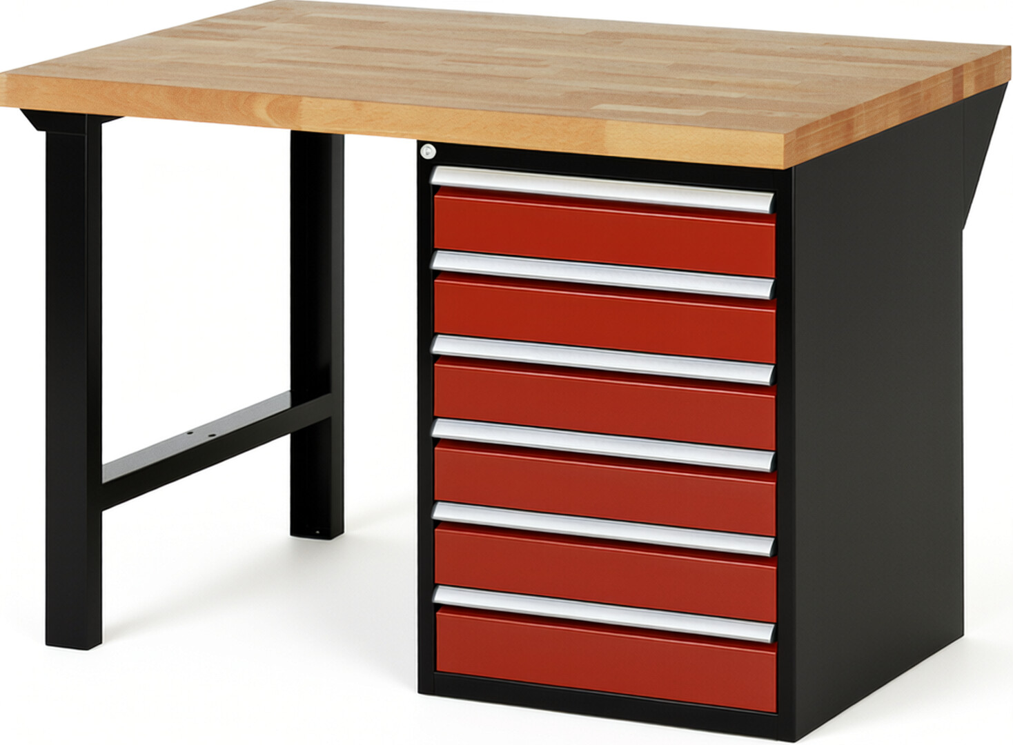 RAU Werkbank schwarz - rot - Breite 125 cm - Tiefe 90 cm - Höhe 89 cm - Buche-Massiv Arbeitsplatte 40 mm