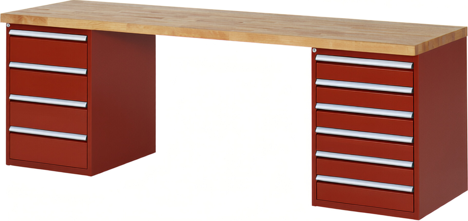Werkbank Modell 7821 rot, BxTxH 2500x700x890 mm,  Buche-Massiv Arbeitsplatte 40 mm,  10 Schubladen mit  Auszug 90 %