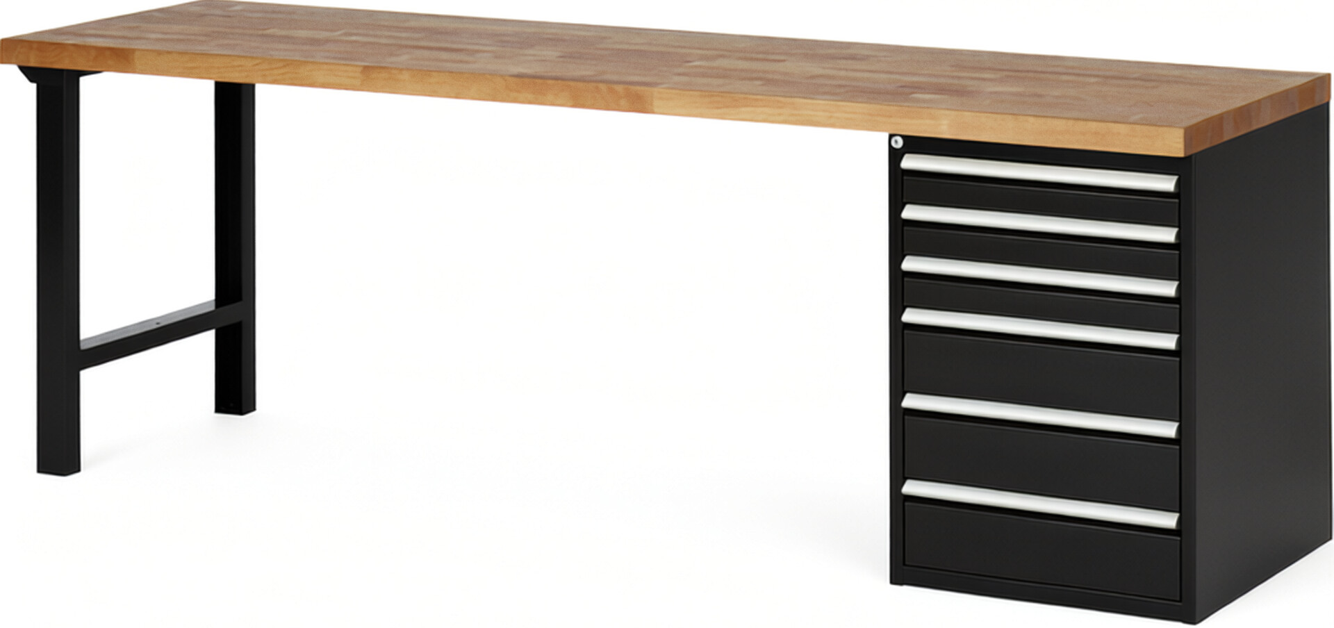Werkbank Modell 7515 schwarz, BxTxH 2500x700x890 mm,  Buche-Massiv Arbeitsplatte 40 mm,  6 Schubladen mit  Auszug 90 %