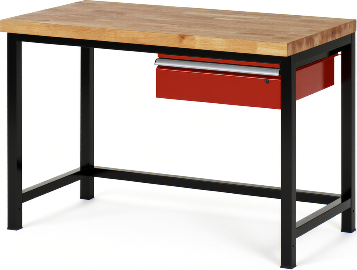 RAU Werkbank schwarz - rot - Breite 125 cm - Tiefe 70 cm - Höhe 104 cm - Buche-Massiv Arbeitsplatte 40 mm