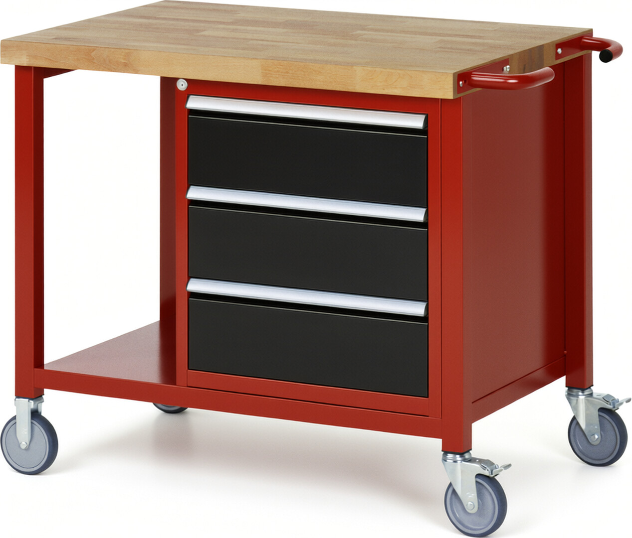 Fahrbare Werkbank Modell 8157 rot - schwarz, BxTxH 1000x700x880 mm,  Buche-Massiv Arbeitsplatte 40 mm,  3 Schubladen mit  Vollauszug 100 % und  SoftClosing