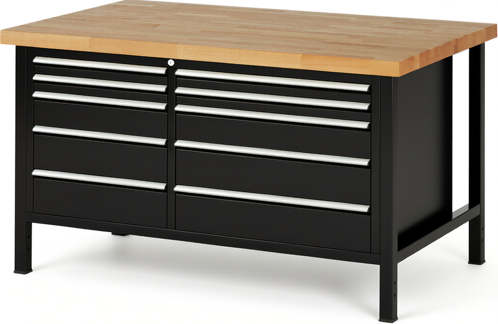 Werkbank Modell 8656 schwarz, BxTxH 1500x900x840 mm,  Buche-Massiv Arbeitsplatte 40 mm,  10 Schubladen mit  Vollauszug 100 % und  SoftClosing