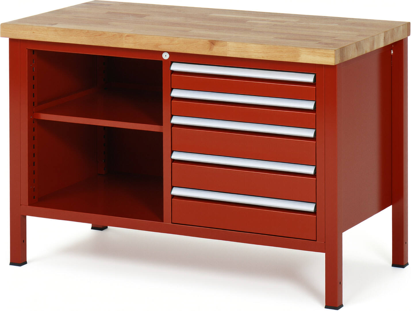 Werkbank Modell 8464 rot, BxTxH 1250x700x840 mm,  Buche-Massiv Arbeitsplatte 40 mm,  5 Schubladen mit  Auszug 90 %