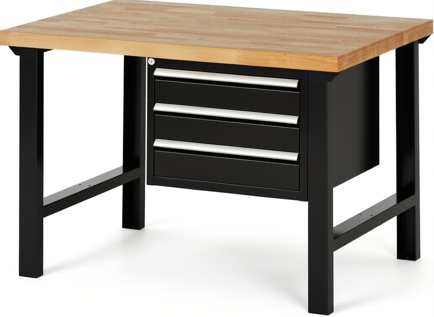 Werkbank Modell 7127 schwarz, BxTxH 1250x900x840 mm,  Buche-Massiv Arbeitsplatte 40 mm,  3 Schubladen mit  Vollauszug 100 % und  SoftClosing
