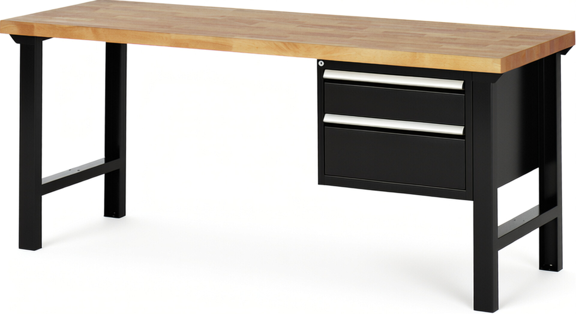 Werkbank Modell 7123 schwarz, BxTxH 2000x700x840 mm,  Buche-Massiv Arbeitsplatte 40 mm,  2 Schubladen mit  Vollauszug 100 % und  SoftClosing