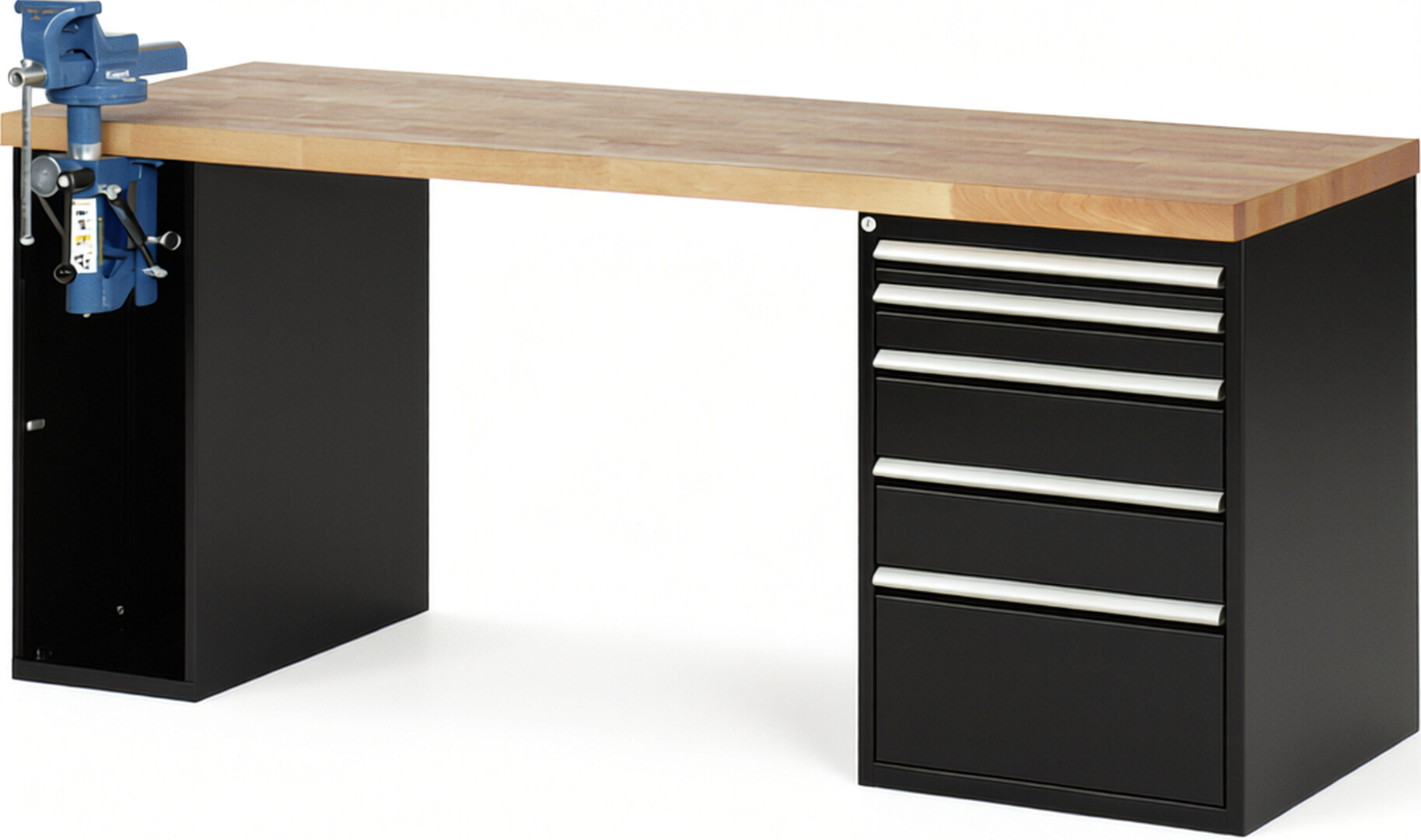 Werkbank Modell 7511 schwarz, BxTxH 2000x700x890 mm,  Buche-Massiv Arbeitsplatte 40 mm,  5 Schubladen mit  Auszug 90 %