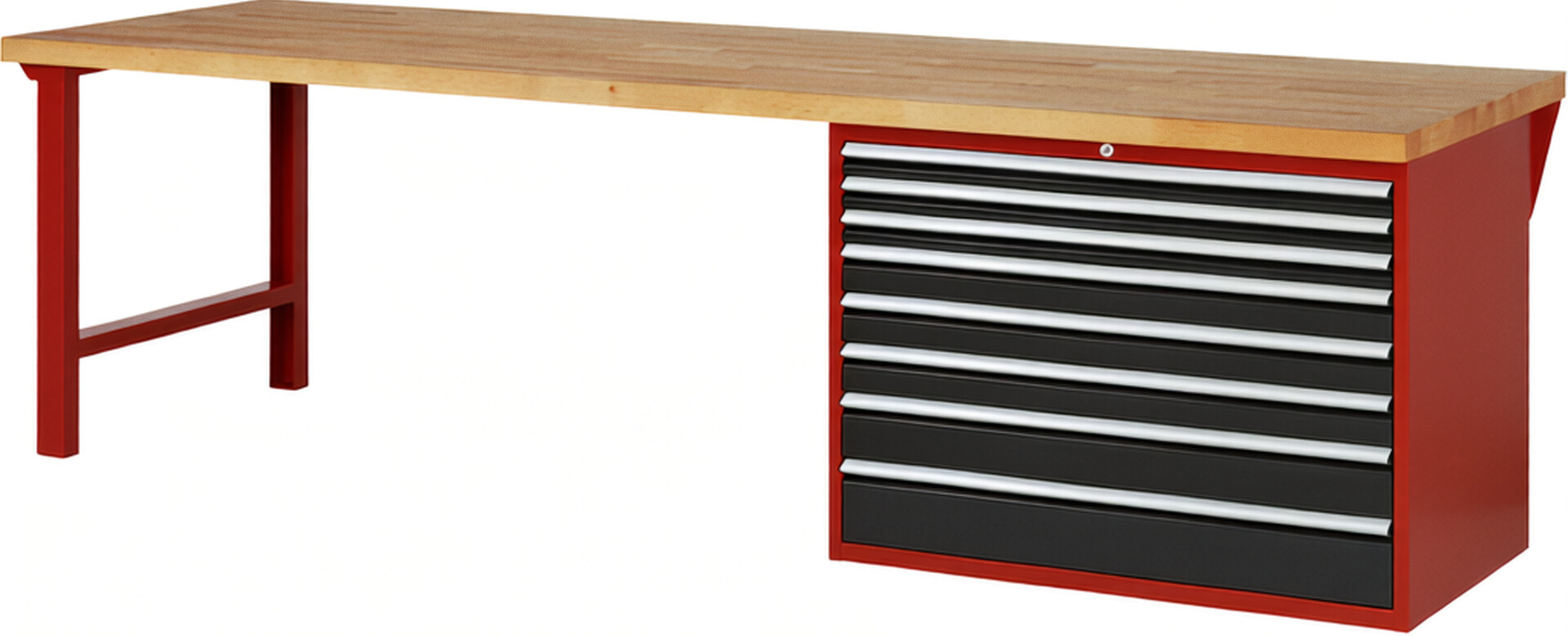 Werkbank Modell 7719 rot - schwarz, BxTxH 3000x900x840 mm,  Buche-Massiv Arbeitsplatte 40 mm,  8 Schubladen mit  Vollauszug 100 % und  SoftClosing