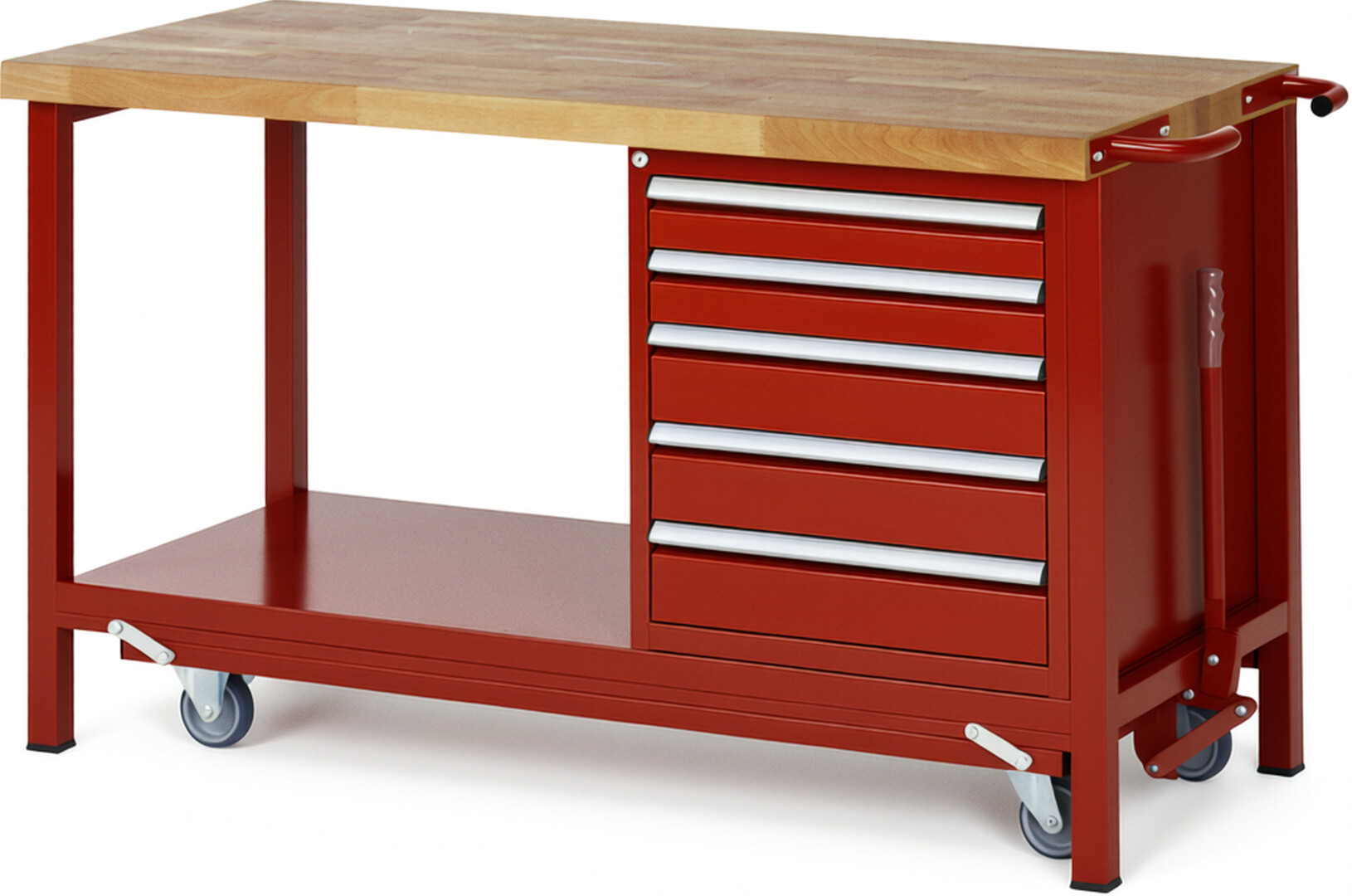 Absenkbare Werkbank Modell 8171 rot, BxTxH 1500x700x880 mm,  Buche-Massiv Arbeitsplatte 40 mm,  5 Schubladen mit  Vollauszug 100 % und  SoftClosing