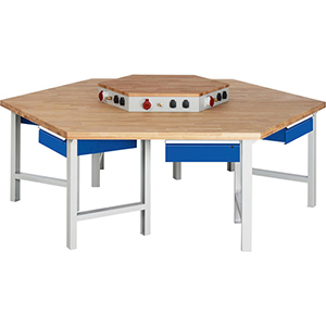 Gruppenwerkbank, Breite 135 cm, Höhe 85 cm,  Platte: Buche-Riegel