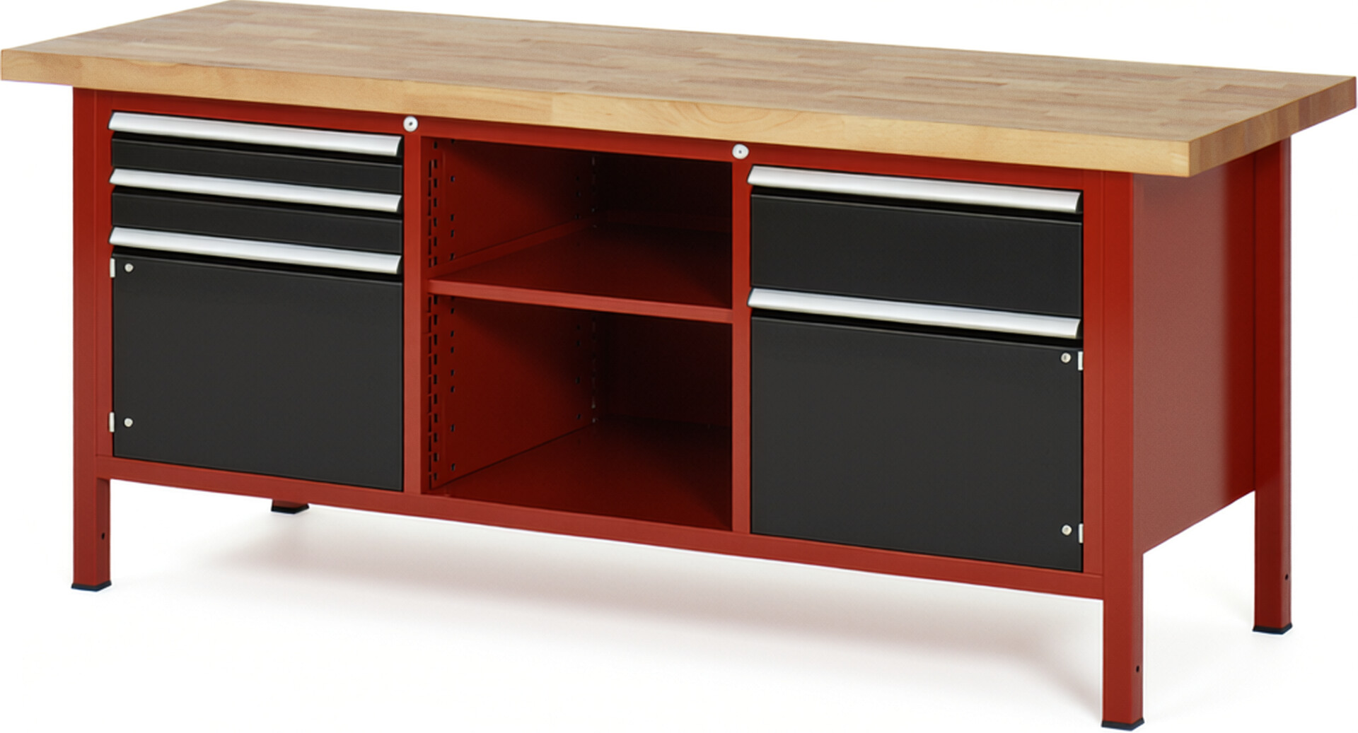 Werkbank Modell 8562 rot - schwarz, BxTxH 2000x700x840 mm,  Buche-Massiv Arbeitsplatte 40 mm,  3 Schubladen mit  Vollauszug 100 % und  SoftClosing