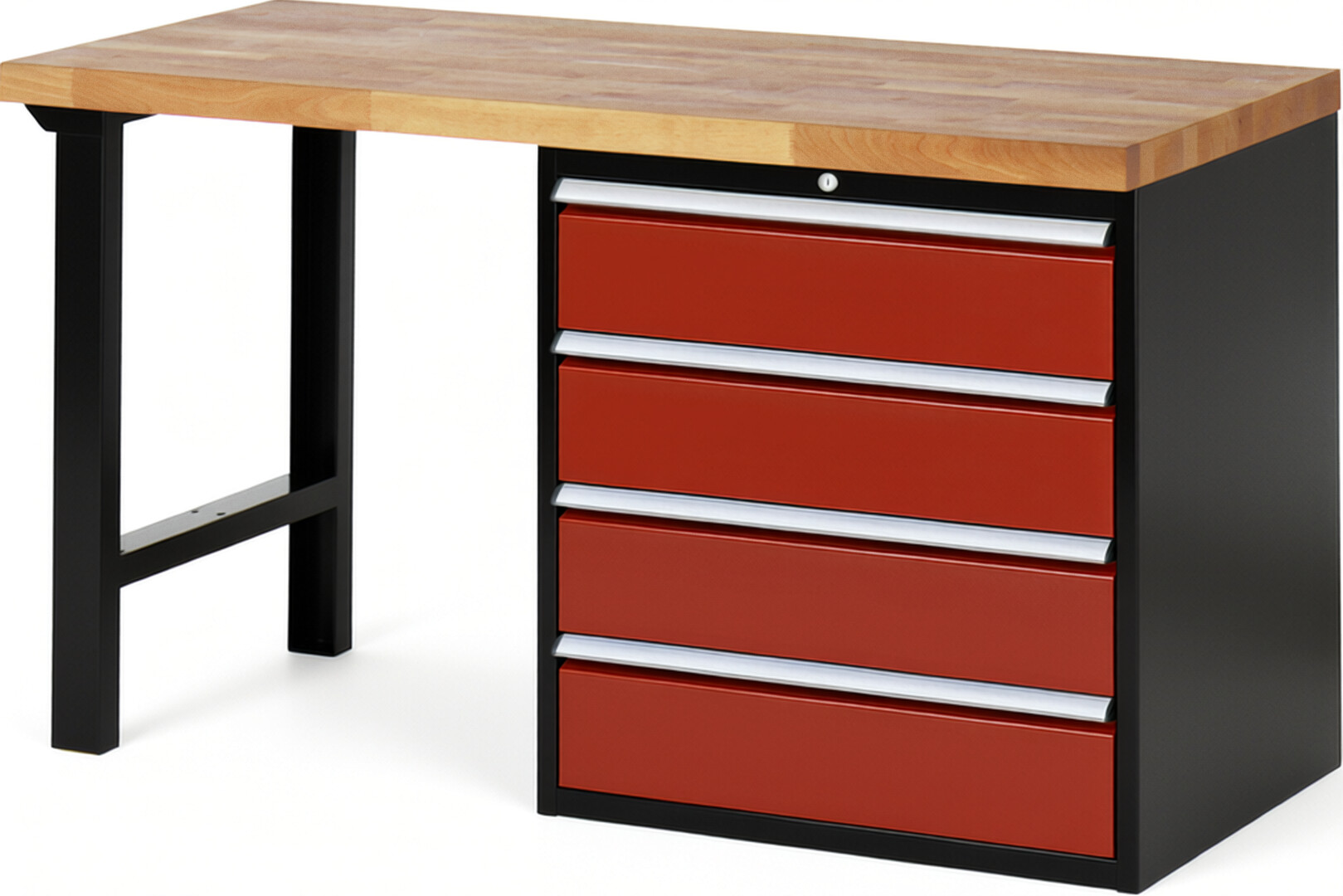 RAU Werkbank schwarz - rot - Breite 150 cm - Tiefe 70 cm - Höhe 89 cm - Buche-Massiv Arbeitsplatte 40 mm
