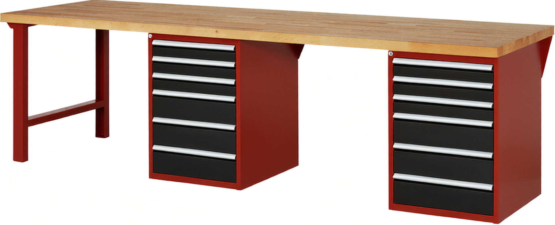 Werkbank Modell 7515 rot - schwarz, BxTxH 3000x900x890 mm,  Buche-Massiv Arbeitsplatte 40 mm,  12 Schubladen mit  Auszug 90 %