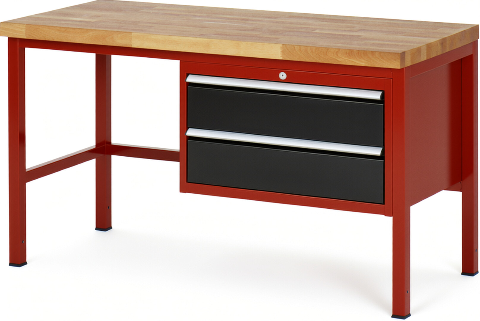 Werkbank Modell 8225 rot - schwarz, BxTxH 1500x700x840 mm,  Buche-Massiv Arbeitsplatte 40 mm,  2 Schubladen mit  Auszug 90 %