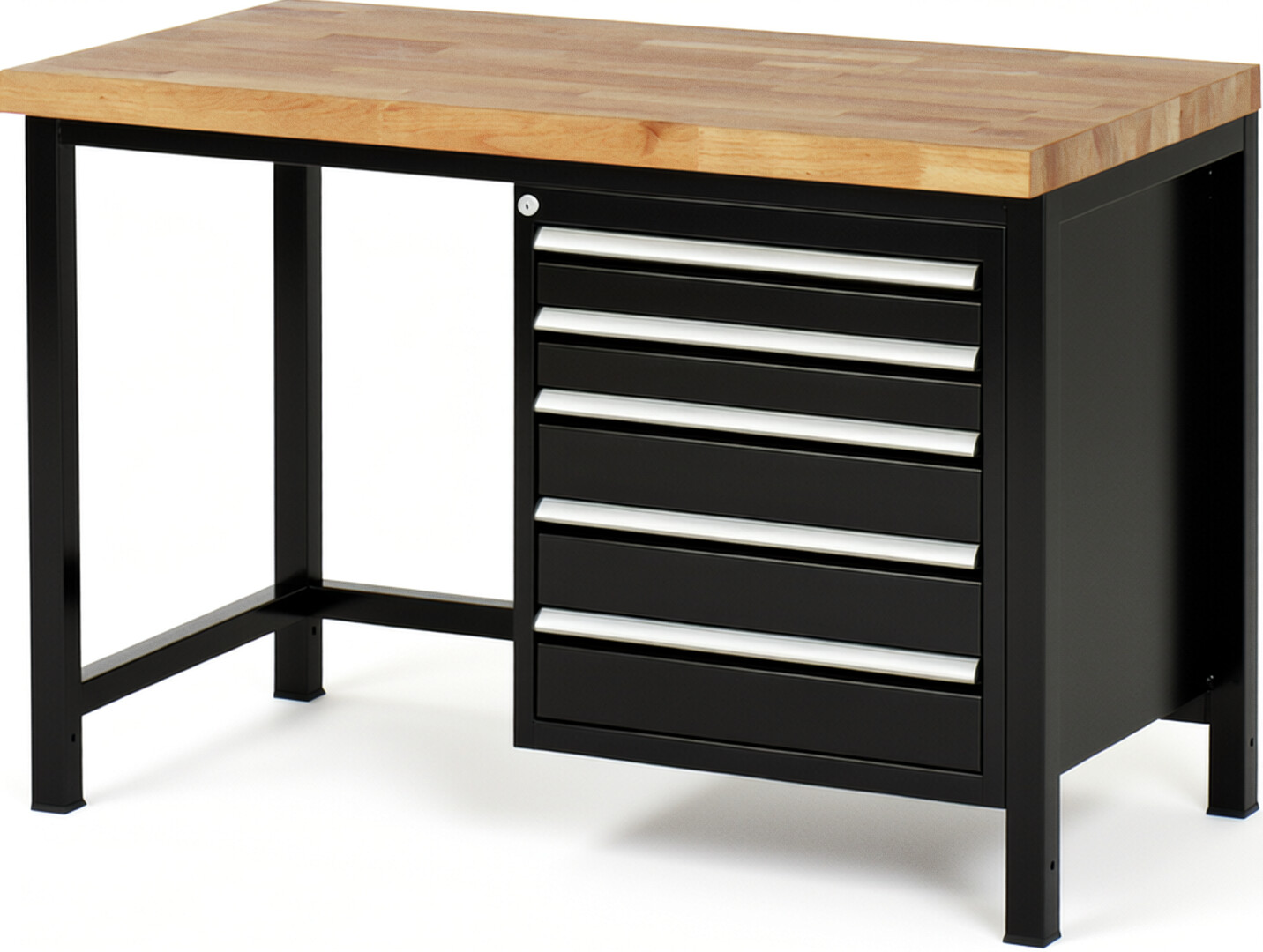 Werkbank Modell 8171 schwarz, BxTxH 1250x700x840-1040 mm,  Buche-Massiv Arbeitsplatte 40 mm,  5 Schubladen mit  Auszug 90 %