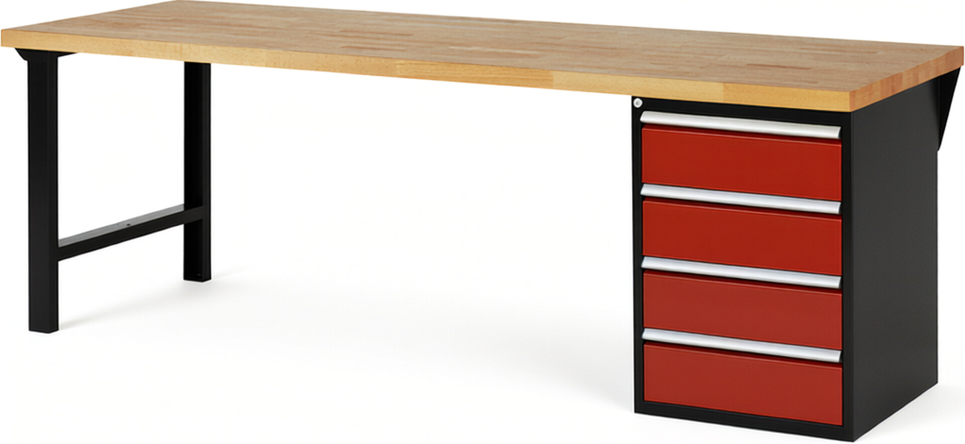 RAU Werkbank schwarz - rot - Breite 250 cm - Tiefe 90 cm - Höhe 89 cm - Buche-Massiv Arbeitsplatte 40 mm