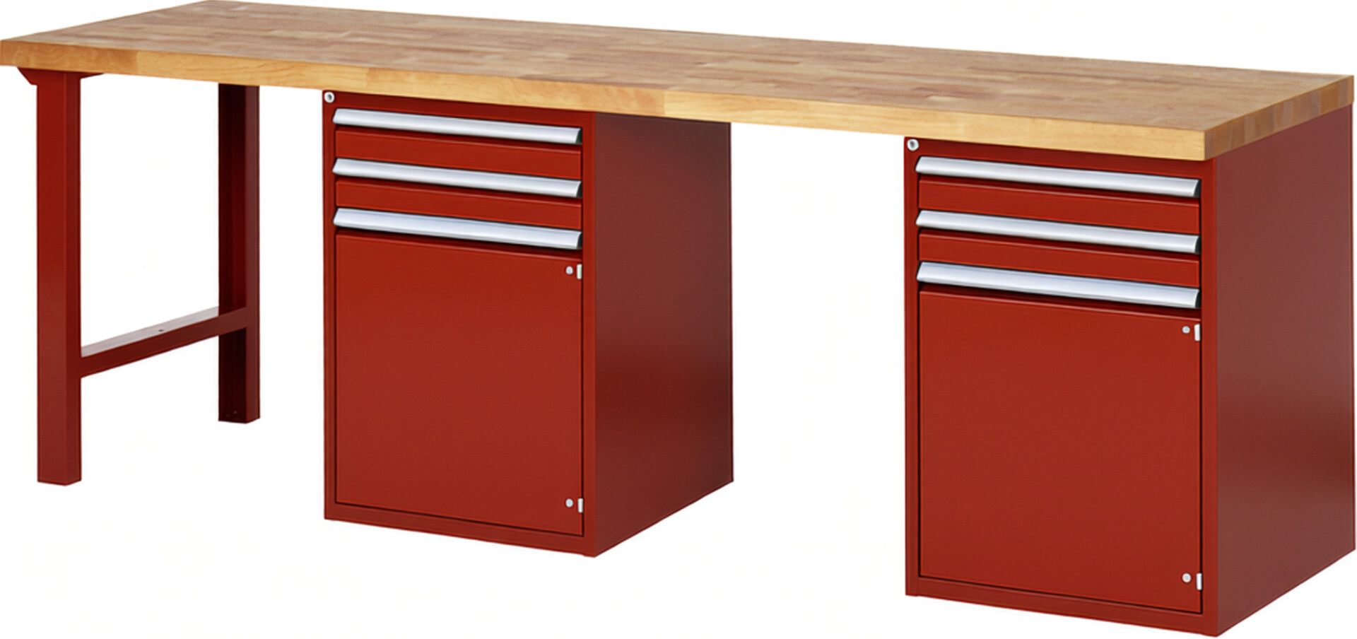 Werkbank Modell 7503 rot, BxTxH 2500x700x890 mm,  Buche-Massiv Arbeitsplatte 40 mm,  4 Schubladen mit  Vollauszug 100 % und  SoftClosing
