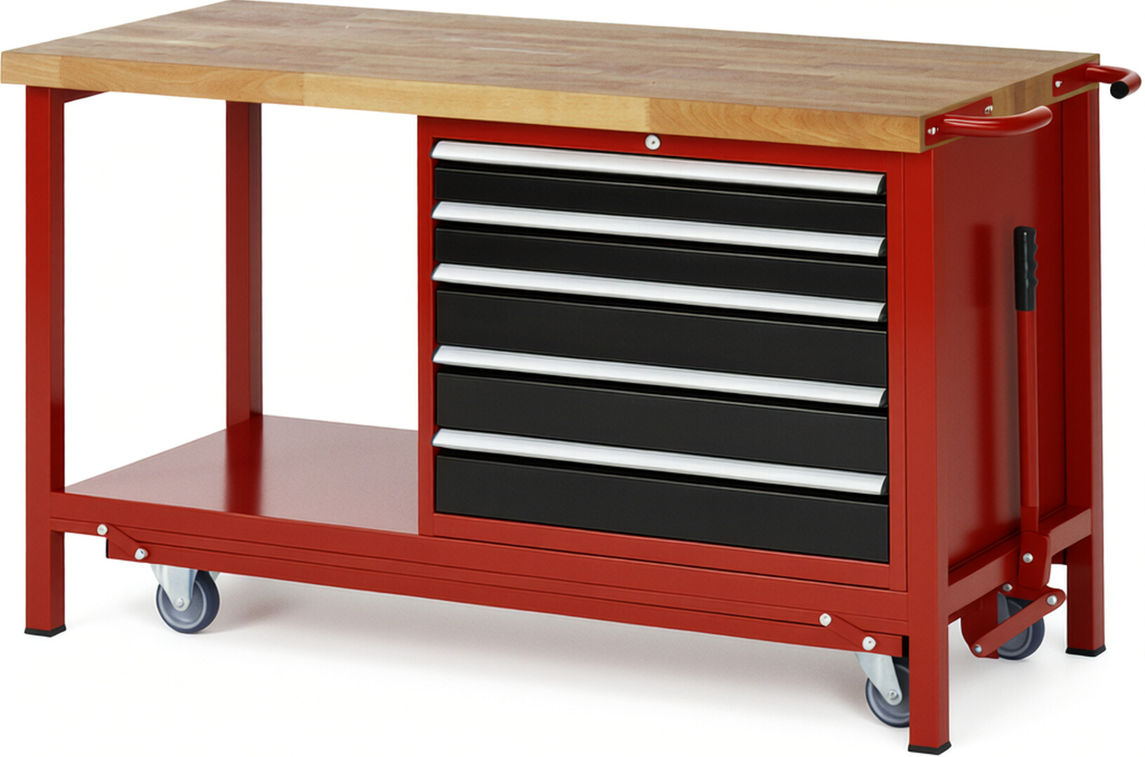 Absenkbare Werkbank Modell 8271 rot - schwarz, BxTxH 1500x700x880 mm,  Buche-Massiv Arbeitsplatte 40 mm,  5 Schubladen mit  Auszug 90 %