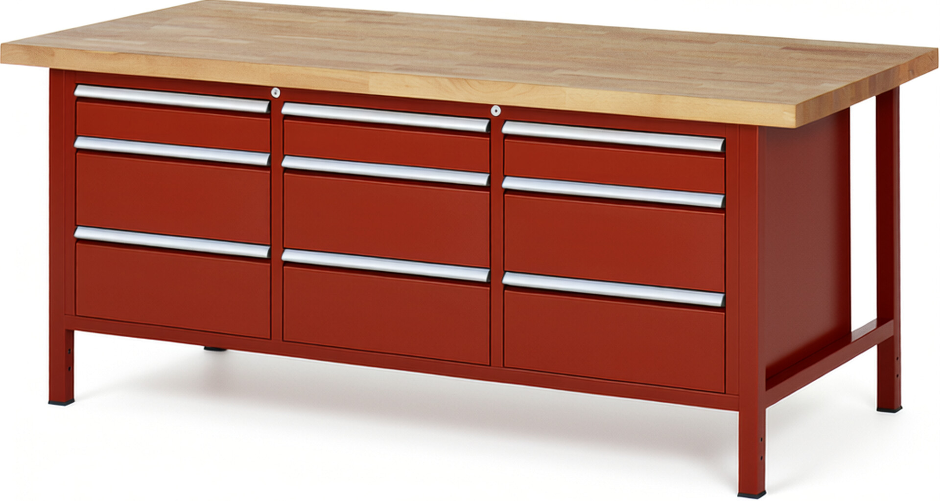 Werkbank Modell 8573 rot, BxTxH 2000x900x840-1040 mm,  Buche-Massiv Arbeitsplatte 40 mm,  9 Schubladen mit  Vollauszug 100 % und  SoftClosing