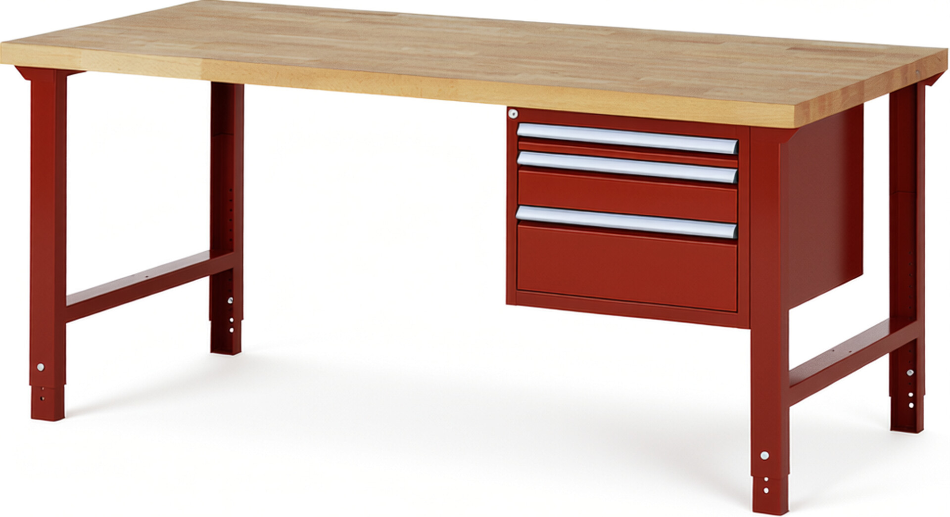 Werkbank Modell 7126 rot, BxTxH 2000x900x790-1140 mm,  Buche-Massiv Arbeitsplatte 40 mm,  3 Schubladen mit  Auszug 90 %