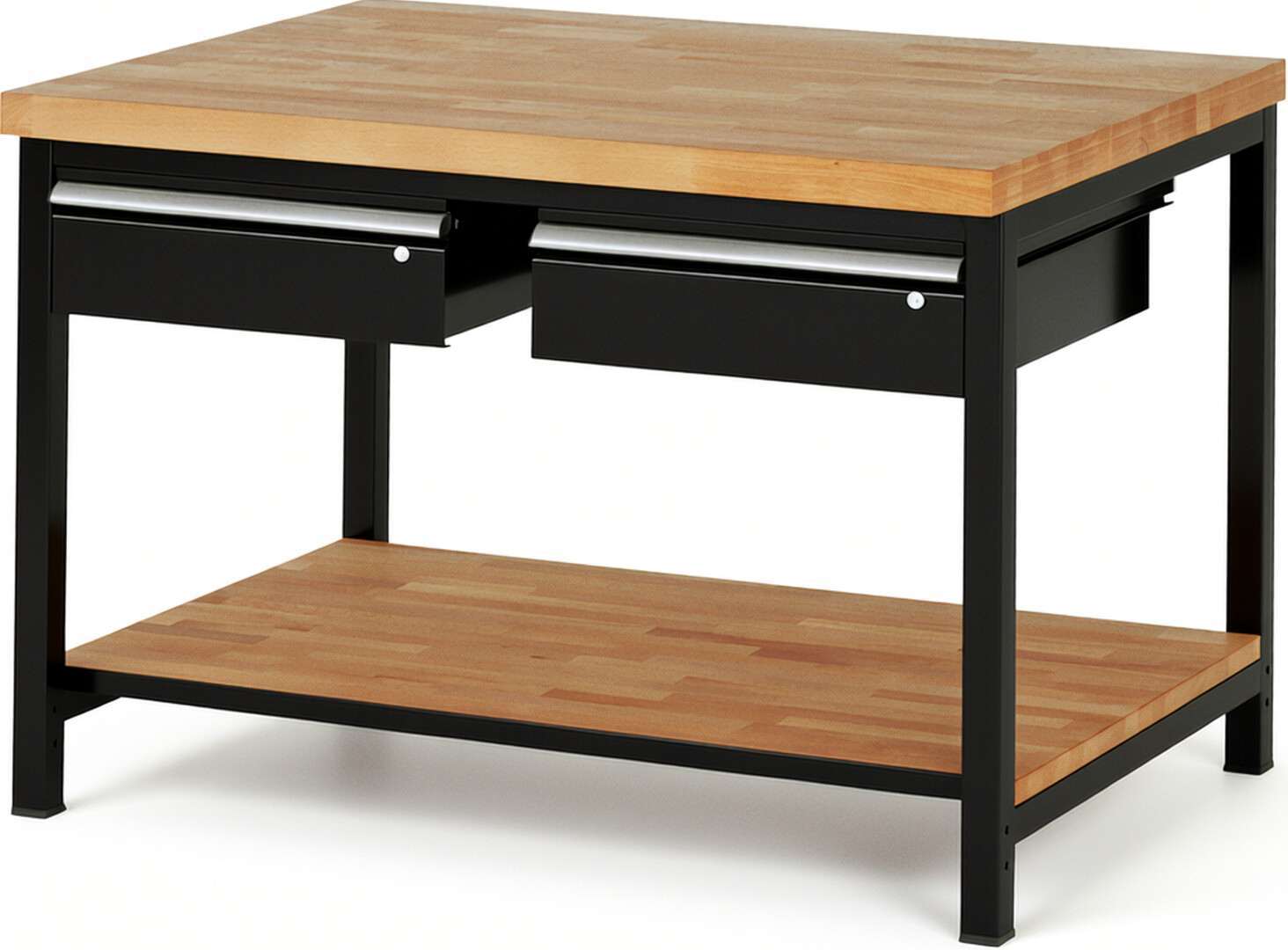 Werkbank Modell 8002 schwarz, BxTxH 1250x900x840-1040 mm,  Buche-Massiv Arbeitsplatte 40 mm,  2 Schubladen mit  Auszug 90 %