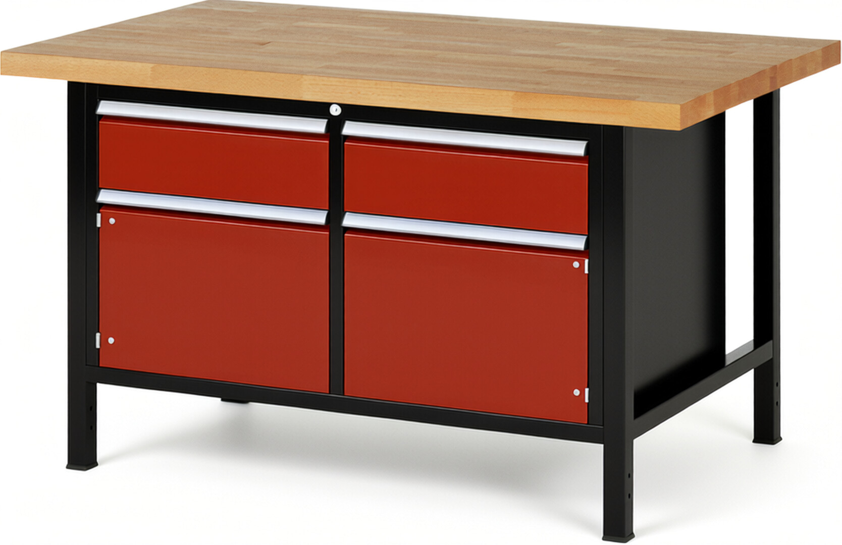 RAU Werkbank schwarz - rot - Breite 150 cm - Tiefe 90 cm - Höhe 104 cm - Buche-Massiv Arbeitsplatte 40 mm